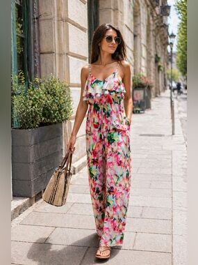 100% Silk Floral Jumpsuit Wide Leg Boho Resort Vacation Luxury Anthropologie St